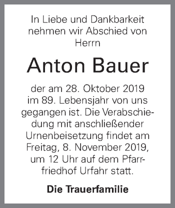 Traueranzeige von Anton Bauer von OÖNachrichten