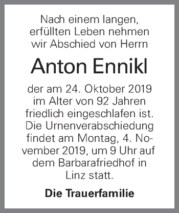 Traueranzeige von Anton Ennikl von OÖNachrichten