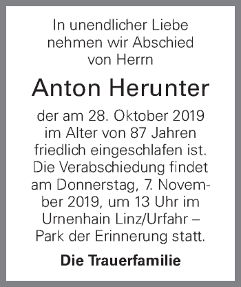 Traueranzeige von Anton Herunter von OÖNachrichten