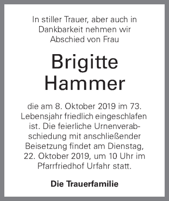 Traueranzeige von Brigitte Hammer von OÖNachrichten