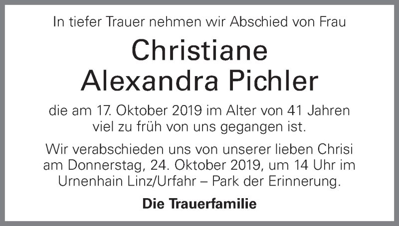  Traueranzeige für Christiane Alexandra Pichler vom 22.10.2019 aus OÖNachrichten