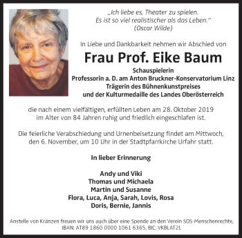 Traueranzeige von Eike Baum von OÖNachrichten
