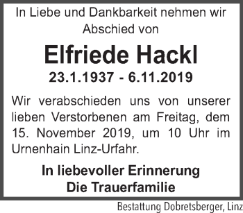 Traueranzeige von Elfriede Hackl von OÖNachrichten
