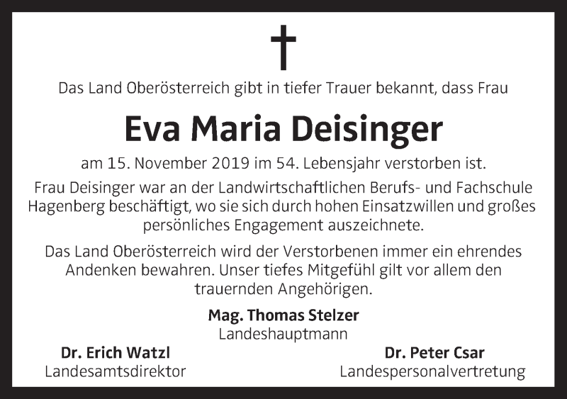 Traueranzeige für Eva Maria Deisinger vom 25.11.2019 aus OÖNachrichten
