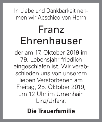 Traueranzeige von Franz Ehrenhauser von OÖNachrichten