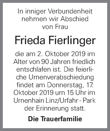 Traueranzeige von Frieda Fierlinger von OÖNachrichten