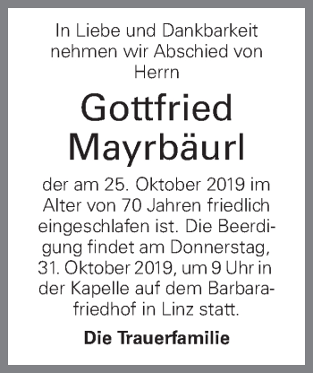 Traueranzeige von Gottfried Mayrbäurl von OÖNachrichten