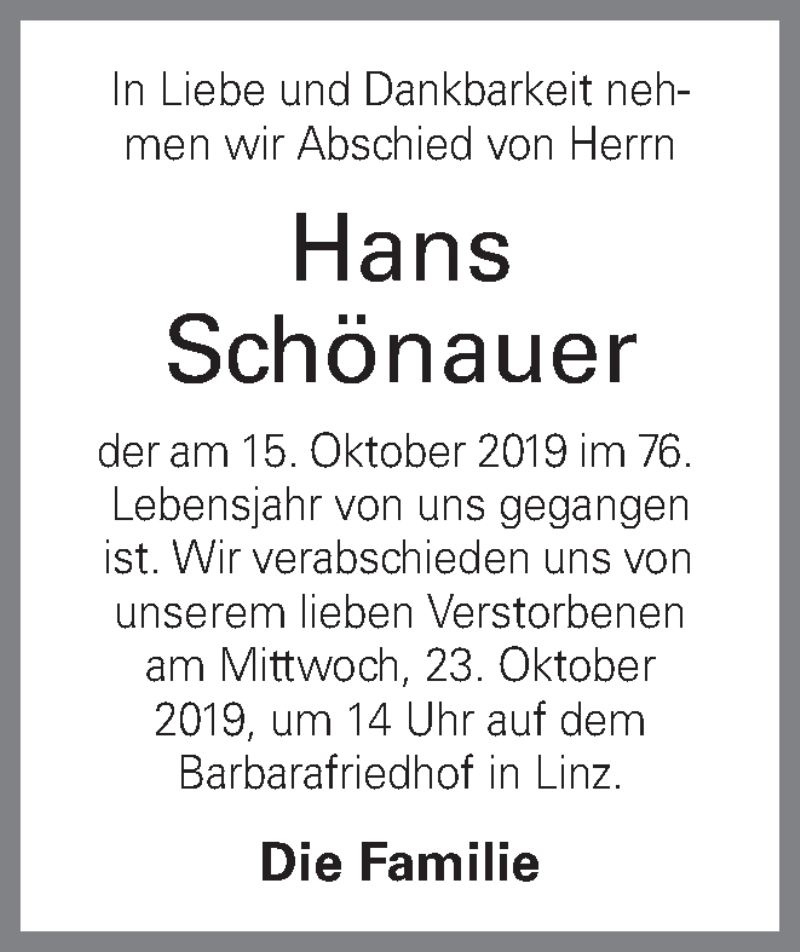  Traueranzeige für Hans Schönauer vom 22.10.2019 aus OÖNachrichten