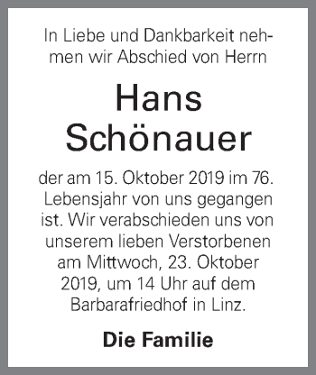 Traueranzeige von Hans Schönauer von OÖNachrichten