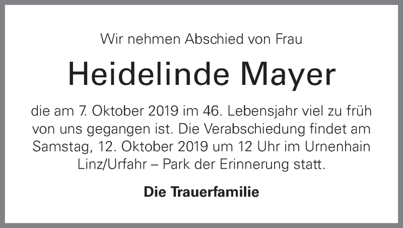  Traueranzeige für Heidelinde Mayer vom 09.10.2019 aus OÖNachrichten