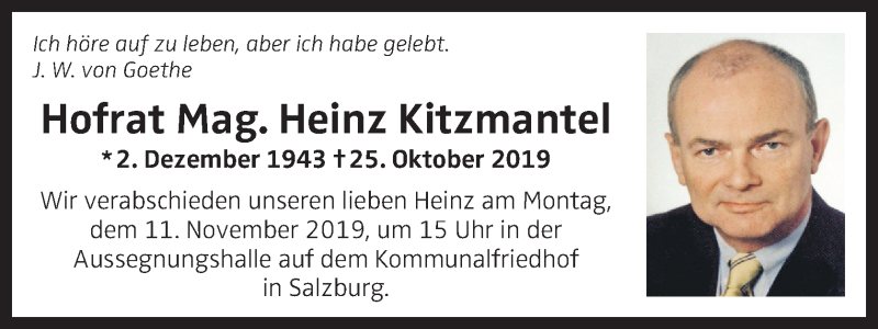  Traueranzeige für Heinz Kitzmantel vom 02.11.2019 aus OÖNachrichten