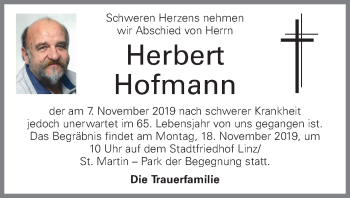 Traueranzeige von Herbert Hofmann von OÖNachrichten