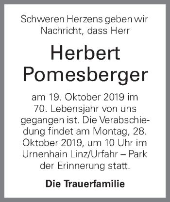 Traueranzeige von Herbert Pomesberger von OÖNachrichten