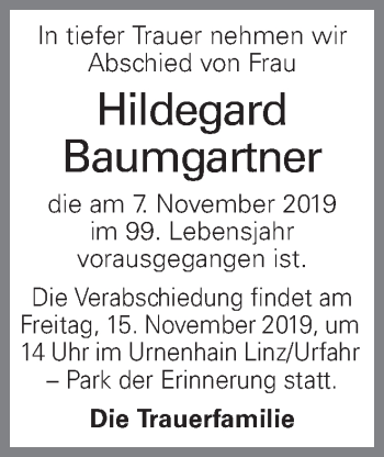 Traueranzeige von Hildegard Baumgartner von OÖNachrichten