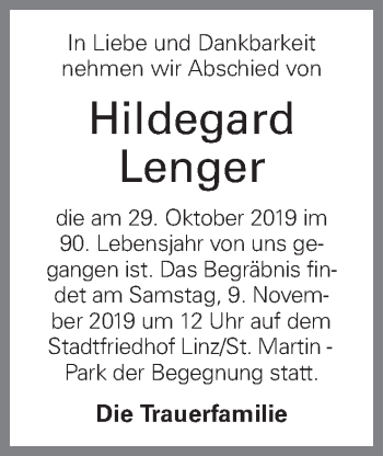 Traueranzeige von Hildegard Lenger von OÖNachrichten