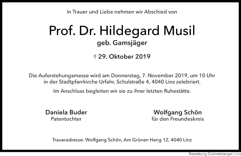  Traueranzeige für Hildegard Musil vom 02.11.2019 aus OÖNachrichten