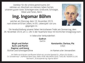 Traueranzeige von Ingomar Böhm von OÖNachrichten