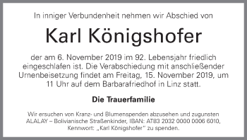 Traueranzeige von Karl Königshofer von OÖNachrichten