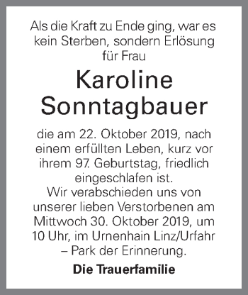 Traueranzeige von Karoline Sonntagbauer von OÖNachrichten