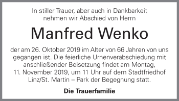 Traueranzeige von Manfred Wenko von OÖNachrichten