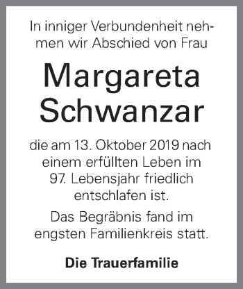 Traueranzeige von Margareta Schwanzar von OÖNachrichten