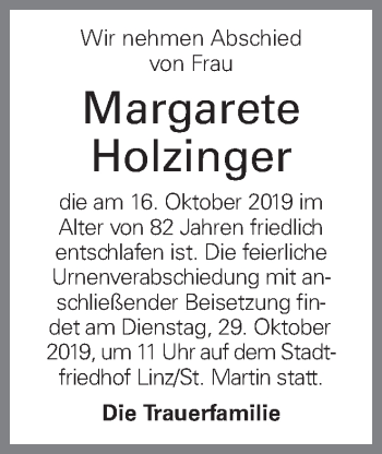 Traueranzeige von Margarete Holzinger von OÖNachrichten