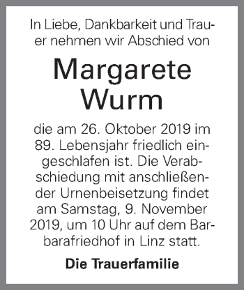 Traueranzeige von Margarete Wurm von OÖNachrichten