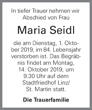 Traueranzeige von Maria Seidl von OÖNachrichten