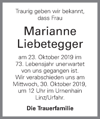 Traueranzeige von Marianne Liebetegger von OÖNachrichten