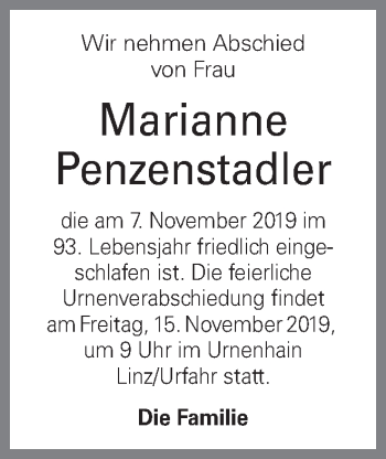 Traueranzeige von Marianne Penzenstadler von OÖNachrichten