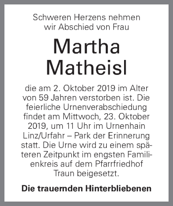 Traueranzeige von Martha Matheisl von OÖNachrichten