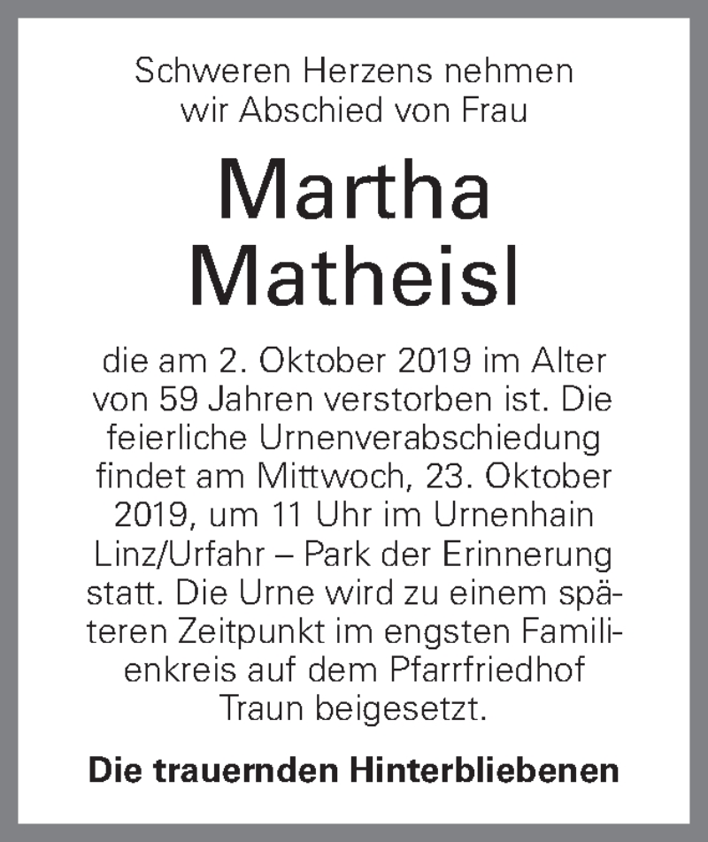  Traueranzeige für Martha Matheisl vom 08.10.2019 aus OÖNachrichten