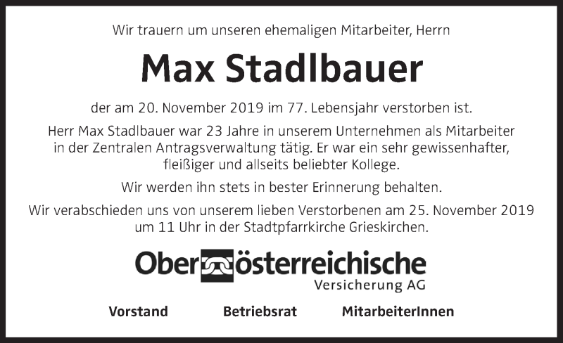  Traueranzeige für Max Stadlbauer vom 23.11.2019 aus OÖNachrichten