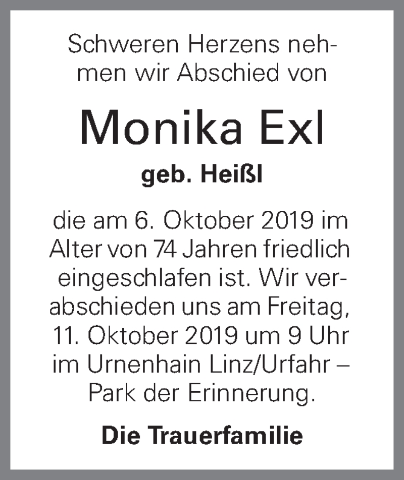 Traueranzeige für Monika Exl vom 09.10.2019 aus OÖNachrichten