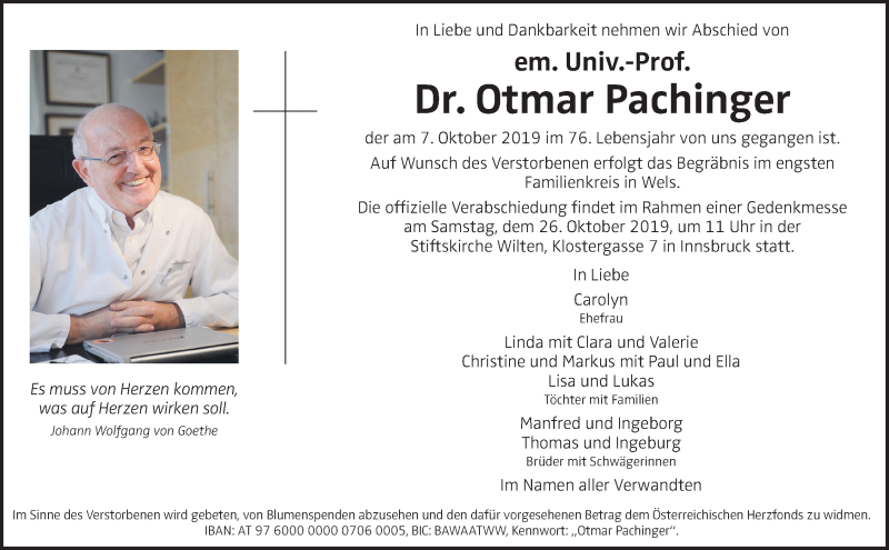  Traueranzeige für Otmar Pachinger vom 12.10.2019 aus OÖNachrichten