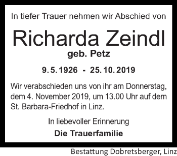 Traueranzeige von Richarda Zeindl von OÖNachrichten