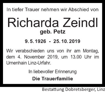 Traueranzeige von Richarda Zeindl von OÖNachrichten