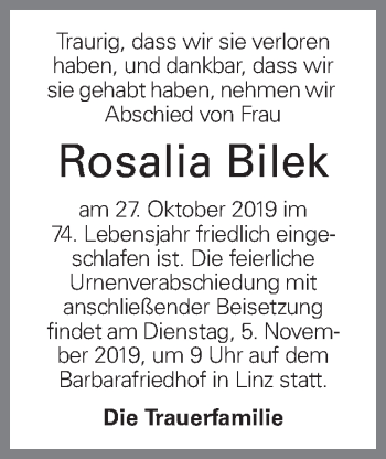 Traueranzeige von Rosalia Bilek von OÖNachrichten