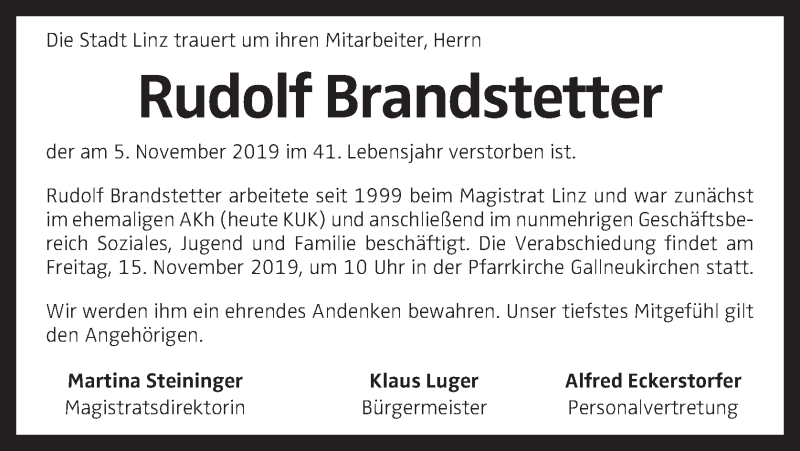  Traueranzeige für Rudolf Brandstetter vom 09.11.2019 aus OÖNachrichten