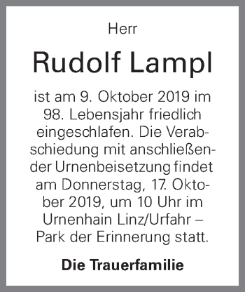 Traueranzeige von Rudolf Lampl von OÖNachrichten