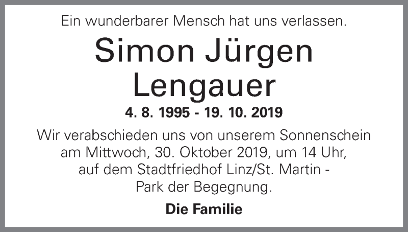  Traueranzeige für Simon Jürgen Lengauer vom 28.10.2019 aus OÖNachrichten