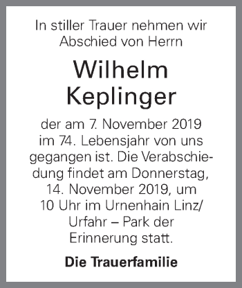 Traueranzeige von Wilhelm Keplinger von OÖNachrichten