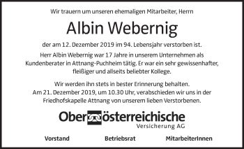 Traueranzeige von Albin Webernig von OÖNachrichten