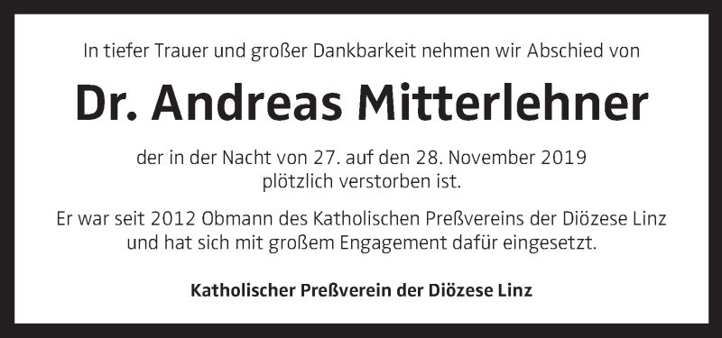  Traueranzeige für Andreas Mitterlehner vom 30.11.2019 aus OÖNachrichten
