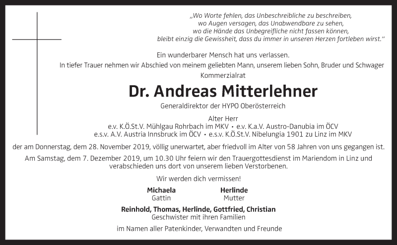  Traueranzeige für Andreas Mitterlehner vom 03.12.2019 aus OÖNachrichten