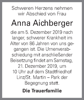 Traueranzeige von Anna Aichberger von OÖNachrichten