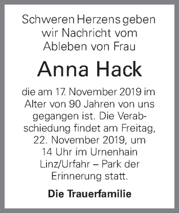 Traueranzeige von Anna Hack von OÖNachrichten