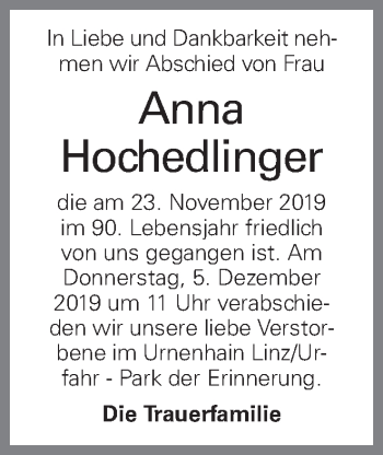 Traueranzeige von Anna Hochedlinger von OÖNachrichten