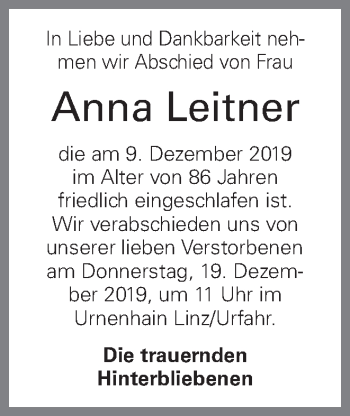 Traueranzeige von Anna Leitner von OÖNachrichten