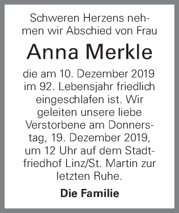 Traueranzeige von Anna Merkle von OÖNachrichten